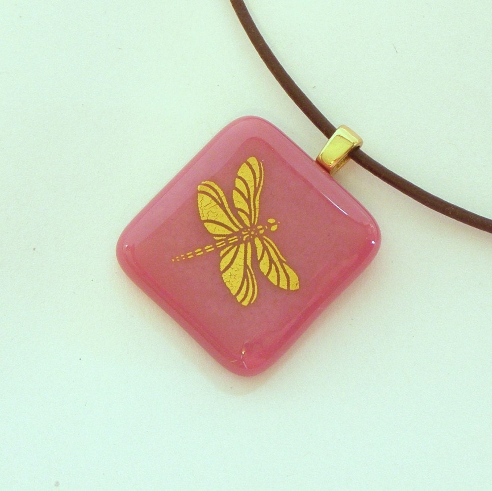 Gold Dragonfly Fused Glass Pendant Necklace and Earring Set Pink Glass