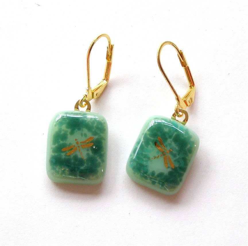 Gold Dragonfly Fused Glass Earrings, Sea Green and Teal Glass