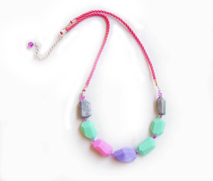 Pastel Candy Necklace in Mint, PInk, Grey, Purple - Handmade Beaded Polymer Clay Stament Necklace - Rare Diamonds Collection