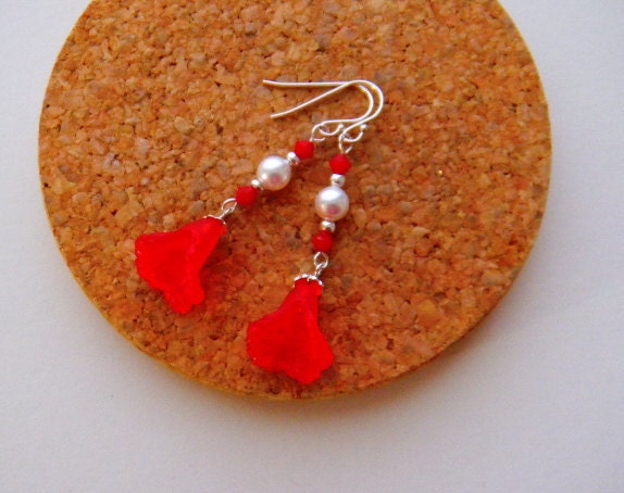 Scarlet Red flower earrings Hot summertime earrings Springtime Pearl Earrings Sterling Silver Earrings Womens Fashion Jewelry