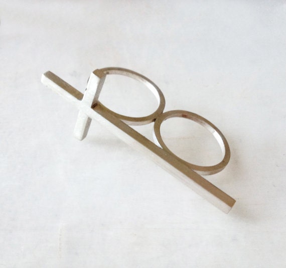 sterling silver cross ring - double ring - two-finger ring - statement ring
