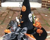 Orange and Black Happy Halloween Witch Hat Table Halloween Decoration by English Rose Designs