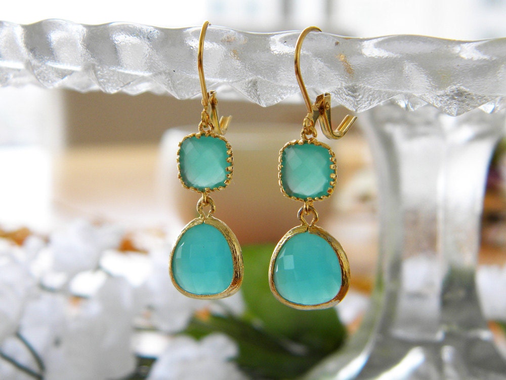Aqua, blue, mint - Something borrowed, something blue - bridesmaids earrings - 14K GF
