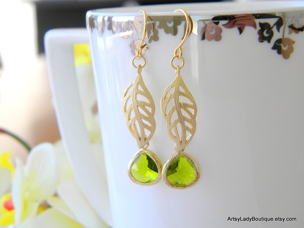 Caramel apples - green drop earrings with gold leaf detail findings - gold filled