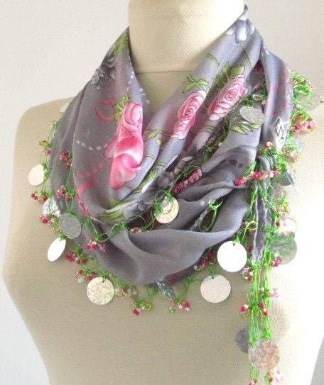 Traditional YEMENI Grey-Pink-Turkish Oya Scarf ..authentic, romantic, elegant, fashion