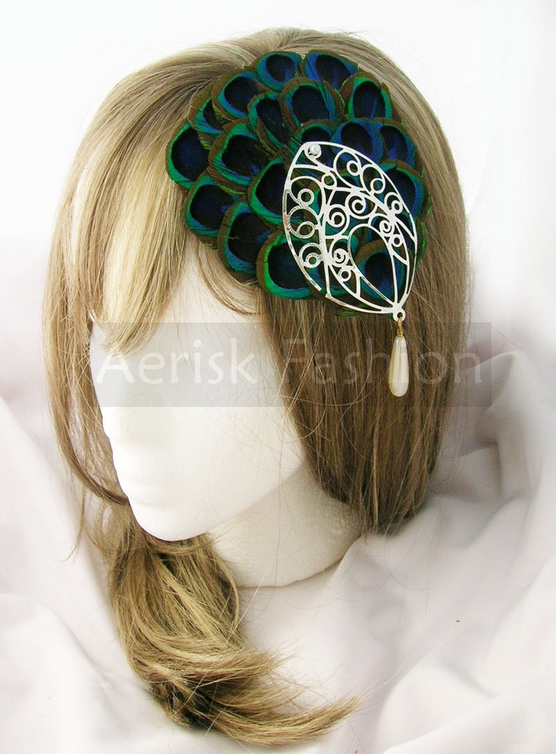 Peacock feather fascinator with filigree jewelry and pearl- Lenore design  - Choose headband, comb, or hair clip - CUSTOM COLORS AVAILABLE