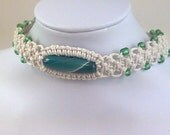 White Hemp Choker with Green Banded Agate Gemstone and Glass Beads