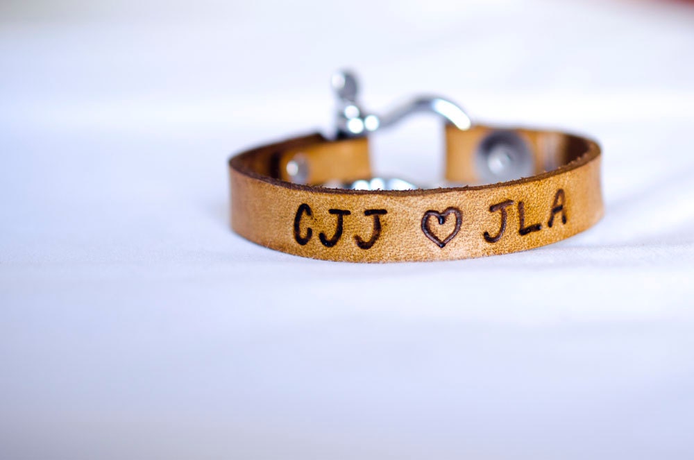 Monogram Initials Love Always- Custom Hand Carved Leather D Shackle Bracelet