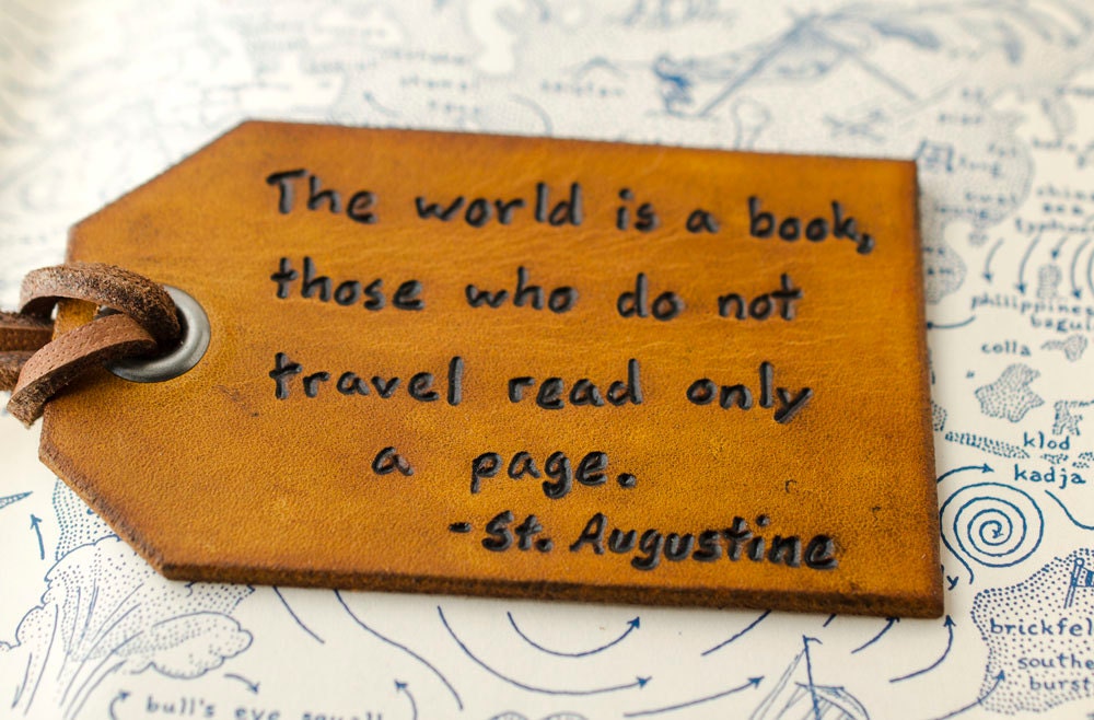 The World is a Book - Hand Carved Leather Luggage Tag