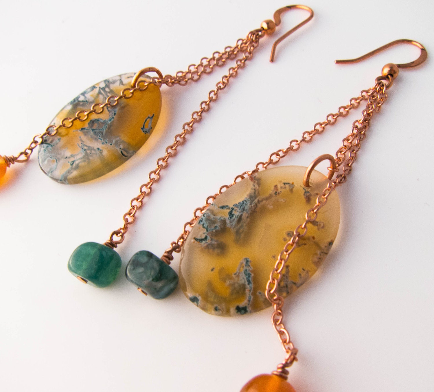 Orange Moss Agate and Copper Dangle Earrings