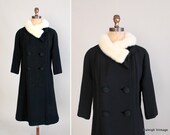 Vintage 1960s Coat : 60s Black Wool White Fur Winter Coat