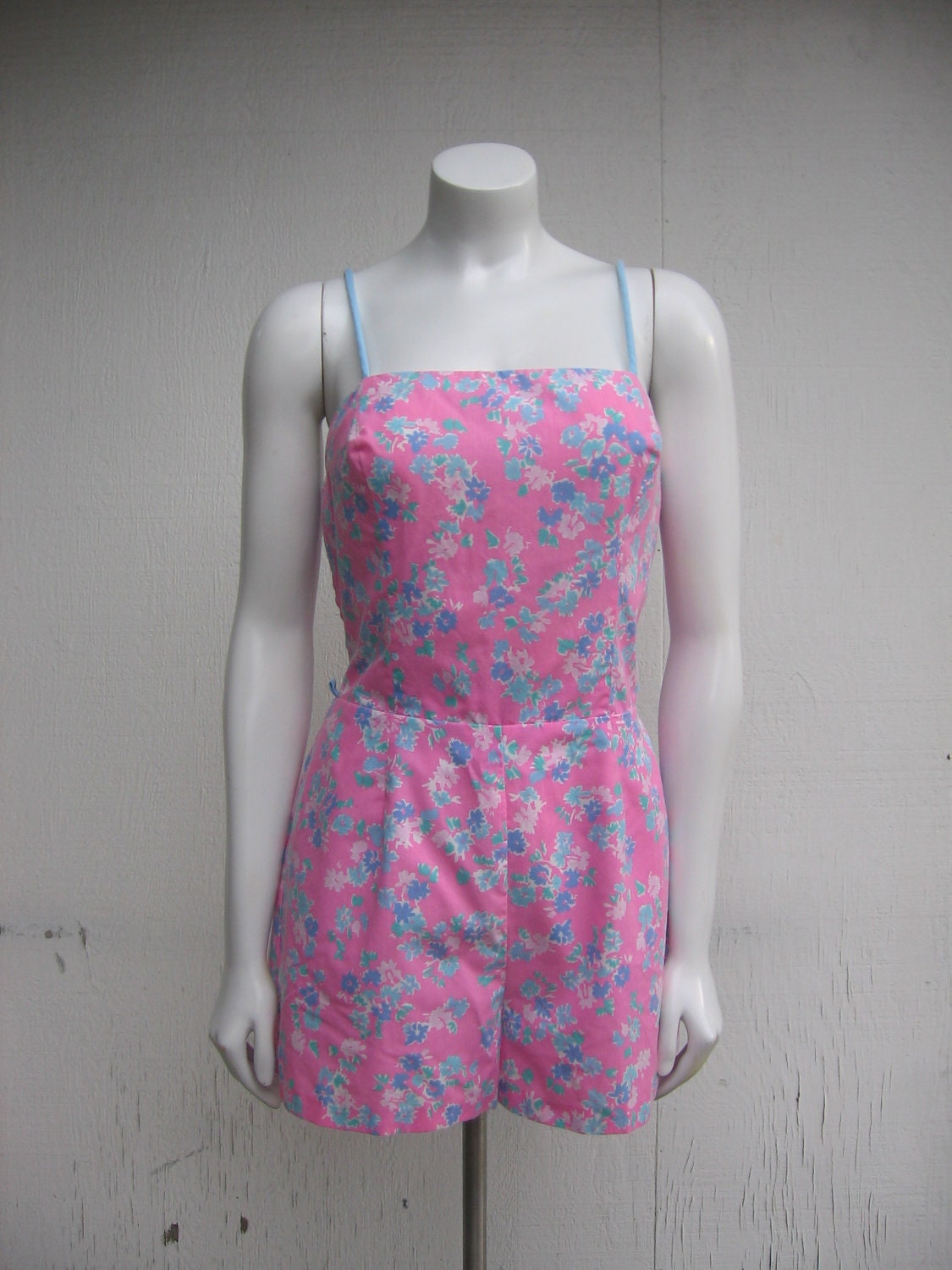 vintage 60s floral romper built in bra s
