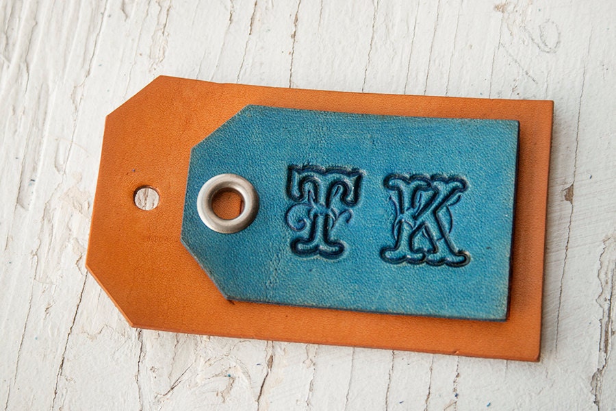 Mini Luggage Tag with Initials - pick Font, Initials, stain and grommet color - Giant key ring - Key ring - Leather Key fob