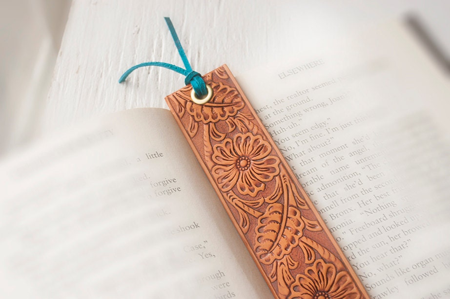 Leather bookmark - Pick your embossed pattern, stain color and tassel - Made to Order - shown in a floral motif