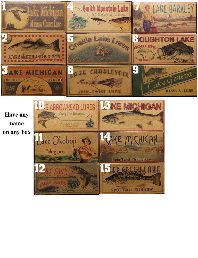Four personalized fishing lure boxes lake cabin lodge decor, with trout