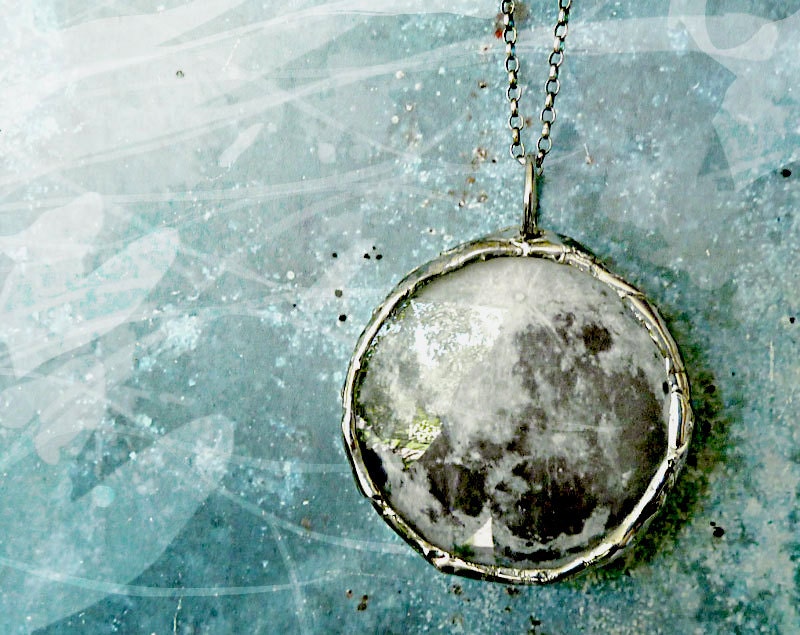 Dark Side of the Moon Necklace. Sterling Silver Chain. Double Sided. Large 1.5 inches Circle. Full Moon Jewelry