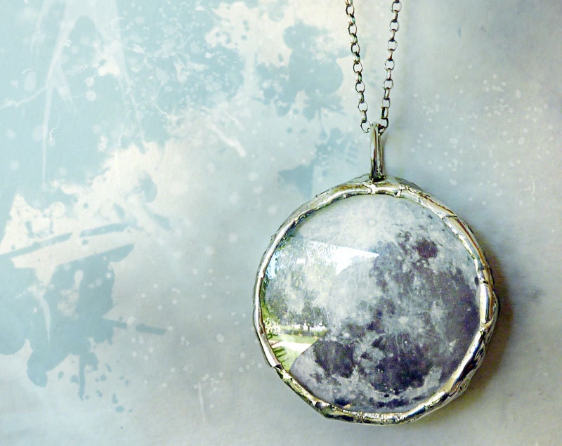 Full Moon Necklace. Oxidized Sterling Silver Chain. Double Sided Small Glass Lens. Moon Jewelry