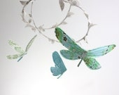 3 dragonflies dream of spring - modern nature nursery mobile -  in cream, mint, sky blue, and white