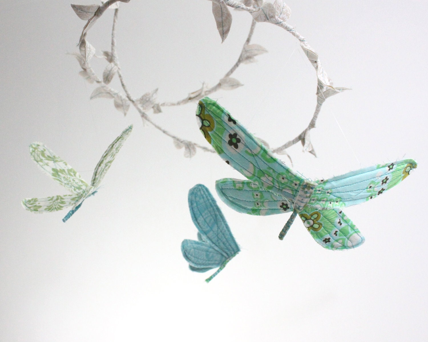 3 dragonflies dream of spring - modern nature nursery mobile -  in cream, mint, sky blue, and white