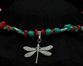 Dragonfly withTurquoise and Coral Nugget Necklace Jewelry