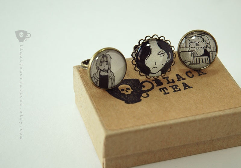 Manga Jewelry Set - Full Metal Alchemist - Three Glass Rings - Edward - Lust - Alphonse