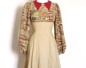 Size Uk 10 (US 6) & UK 16 (US 14) - Camel and Wine Red Aztec Print Tea Dress- Made by Dig For Victory
