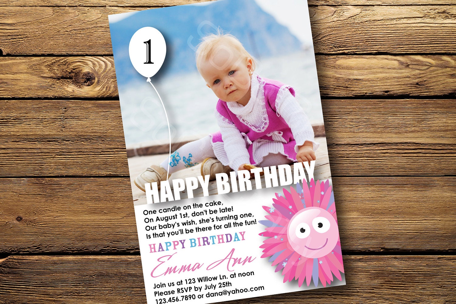 Modern Pastel Flower Theme- Photo Birthday Party Invitation, Digital or Printed