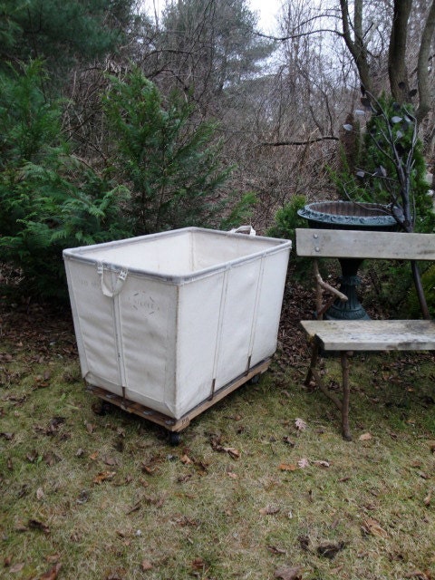 Vintage industrial rolling canvas bin extra by plainandelegant
