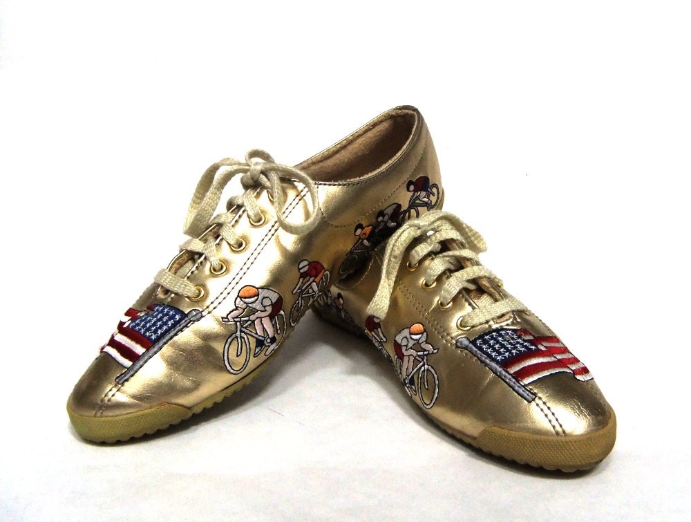 80s Gold Metallic Woman's Olympic Pride Tennis Shoe From SophistiFunkVintage