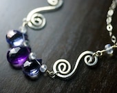 Amethyst Gemstone Sterling Silver Necklace - Purple Amethyst, Mystic Blue Quartz, Blue Fire Moonstone, Spiral, February - "Iris"