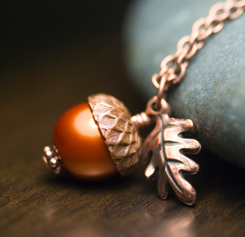 Pumpkin Glass Pearl Acorn Oak Leaf Necklace Antiqued Copper Wrapped Pendant Burnt Orange Autumn Fall - "Harvest"