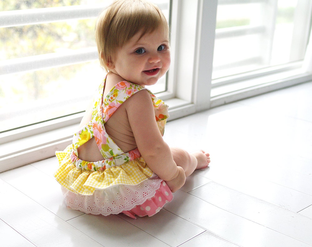 Ruffle Butt Sunsuit- Vintage Pink and Yellow Floral- 6m 12m 18m 24m 2T T- Baby Shower Gift