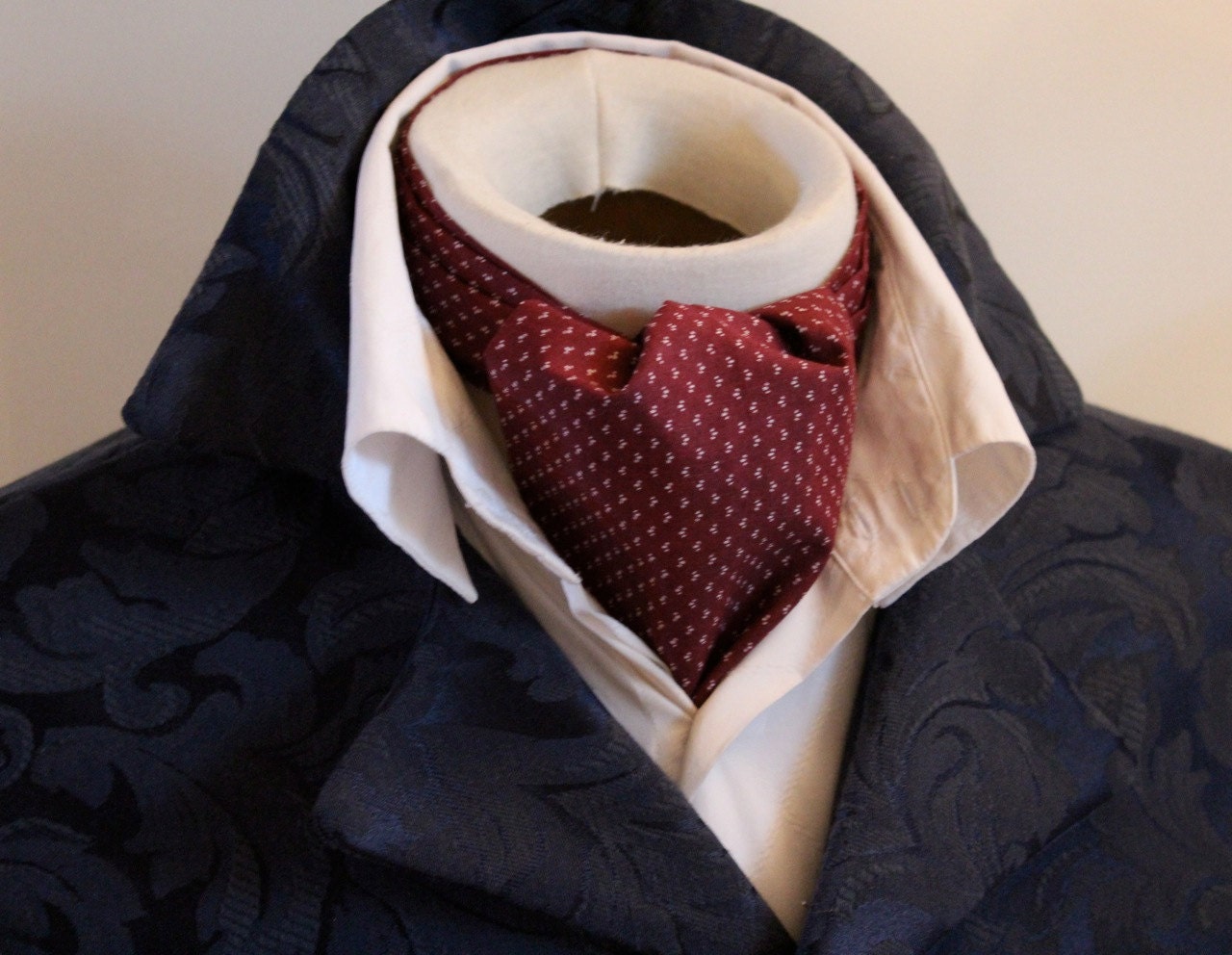 DAY Ascot Tie Cravat Pure Cotton Maroon Wine White Dot
