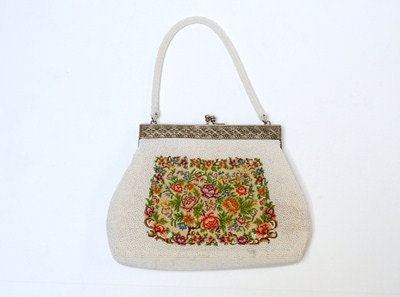 Vintage Beaded Embroidered Rose Floral Handbag Purse Victorian Formal Elegant