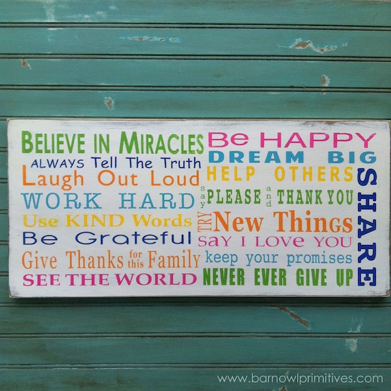 NEW Family Rules Sign - Believe in Miracles - Colorful Typography Word Art in Landscape