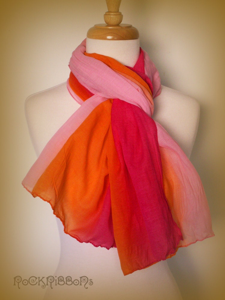 Orange summer scarf - ombré - cotton scarf - pink - orange - red - lightweight scarf - holiday accessory - tropical - 100% organic cotton.