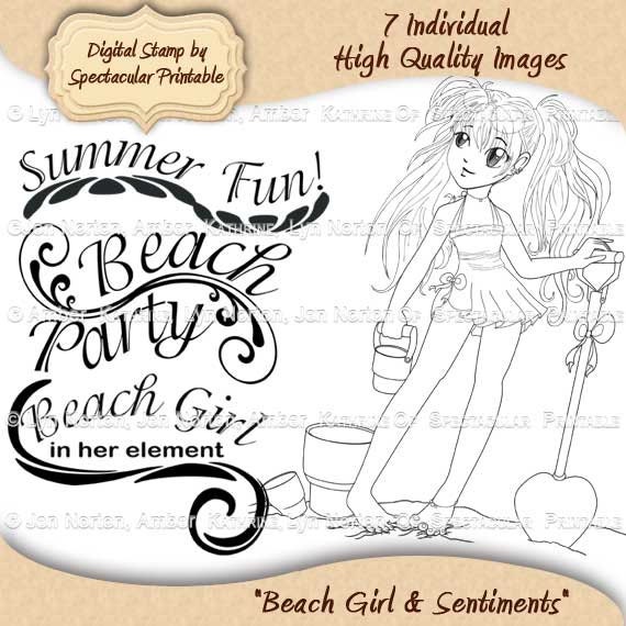 Beach Girl Digital Stamp Girls Party Clipart Summer Party Clip Art Summer Girl Scrap Art Digital Rubber Stamp - Instant Download - DS9020