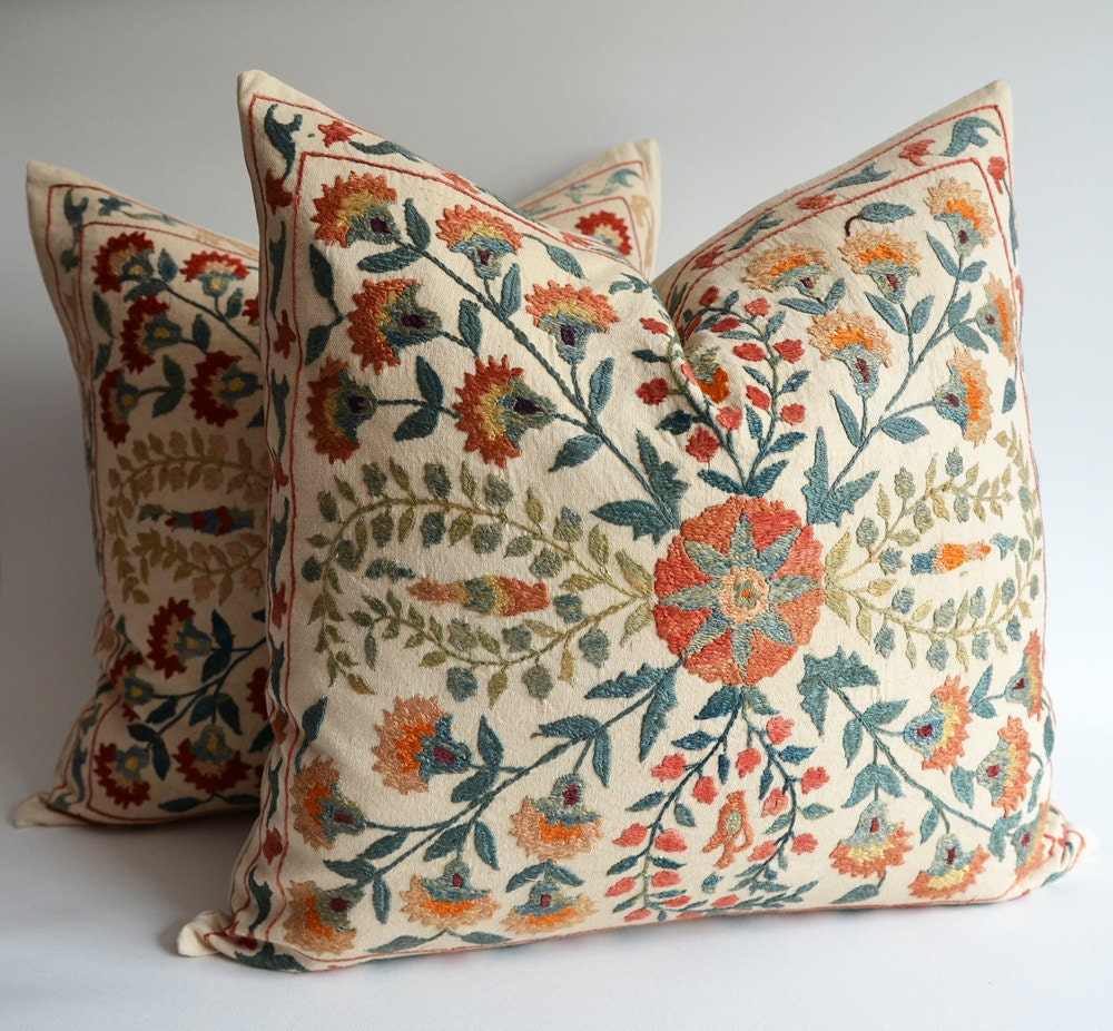FREE Shipment / SET (2 Pillows)  Hand Embroidered Silk Suzani Pillows, Organic Modern Bohemian Throw Pillows.