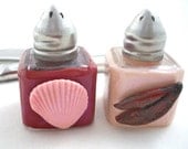 Clam bake salt and pepper minis handmade lobster claw and clam unique red and pink