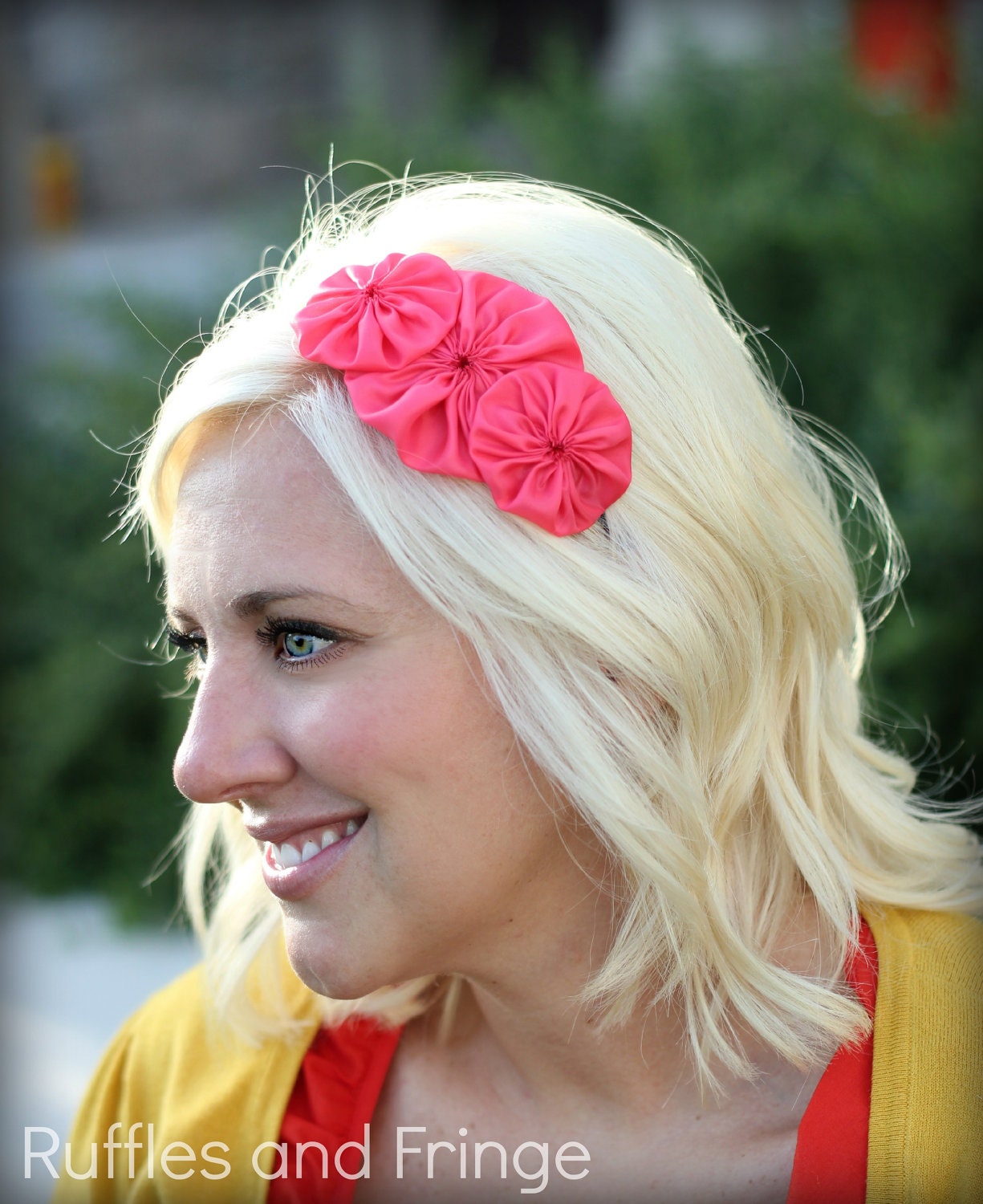 Flower Headband for Woman in Bright Coral, for Girls and Adult