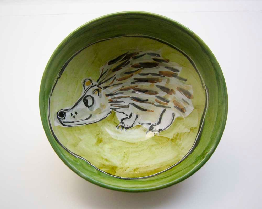 Small Pottery Bowl Clay Majolica Hedgehog Small Child Handmade Earthenware Animal Olive Green Orange