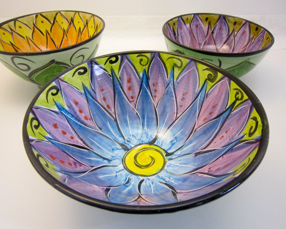 Serving Bowl Ceramic Clay Majolica Pottery Blue Purple Lotus Flower Handmade