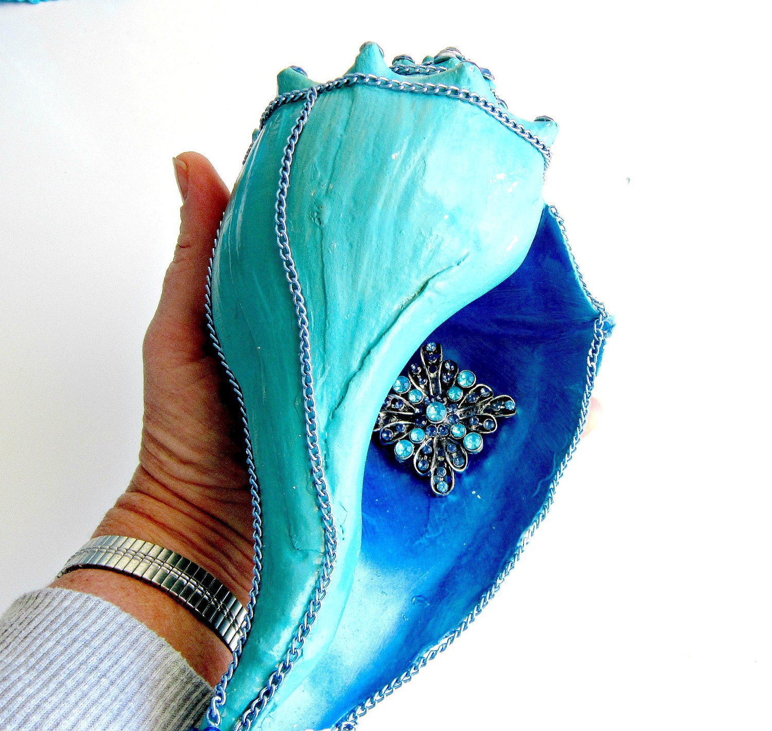Hand Painted decorated sea shell conch shell beach decor coastal decor turquoise