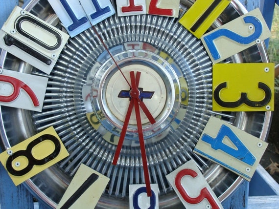 Vintage Chevrolet Hubcap License Plate Wall Clock Upcycled