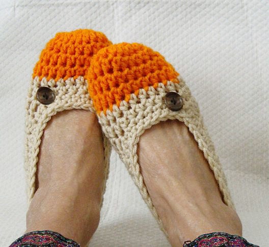 Crochet Slippers Womens Flats Orange Sherbert