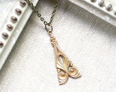 Vintage Brass Triangle Necklace, Art Deco Mod Modern Swirl, Textured Scroll Ornate Filigree, Antique Gold Layering Simple Minimal
