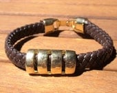unisex men women woven Brown  leather bracelet with gold plated tube spacer and clasp