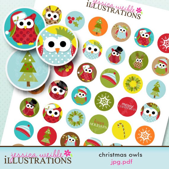 Christmas Owls Theme Printable 1 inch Circle Collage Sheet, 1-inch Bottle Cap Circles, Digital File Il_570xn