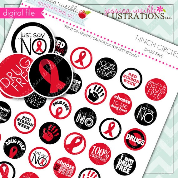 Red Ribbon Week Drug Free Theme Printable 1 inch Circle Collage Sheet, 1-inch Bottle Cap Circles, Digital File Il_570xn