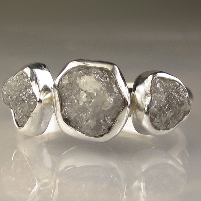 Three Stone Rough Diamond Ring - Palladium Sterling